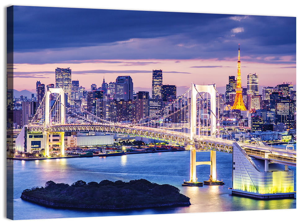 Rainbow Bridge and Tokyo Tower at Twilight Wall Art, canvas print, landscape