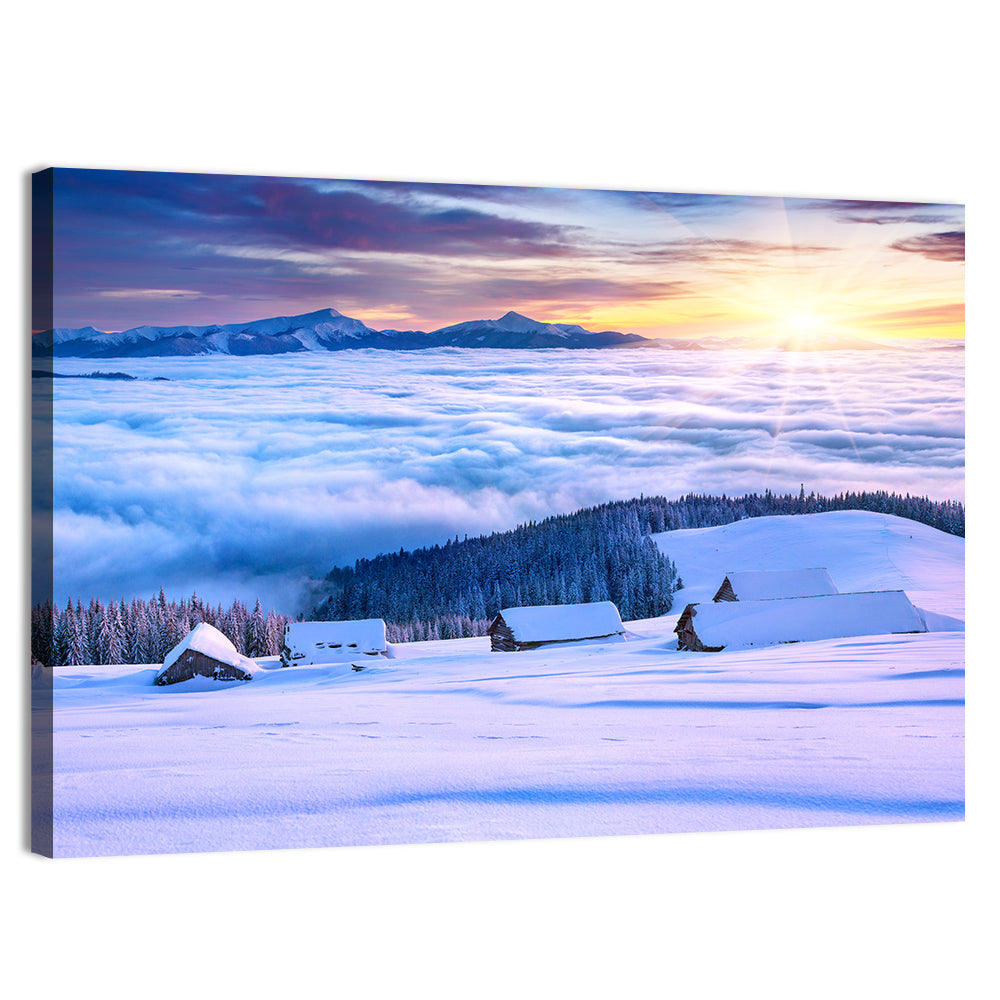 Snowy Cabins Above Clouds Wall Art, canvas print, landscape