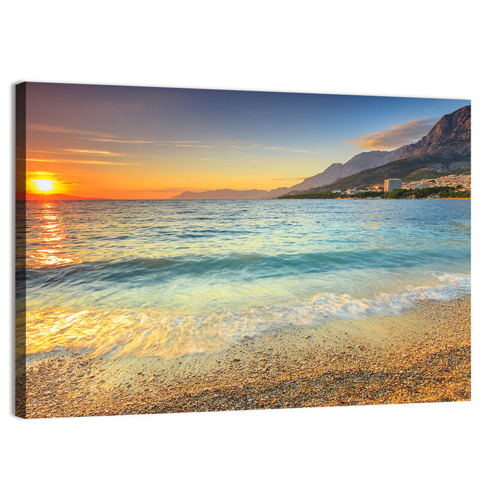 Makarska Pebble Beach Sunset Wall Art as a canvas print
