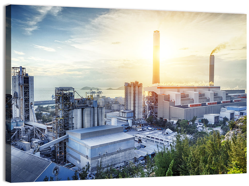 Coastal Power Plant at Sunrise Wall Art, canvas print, landscape