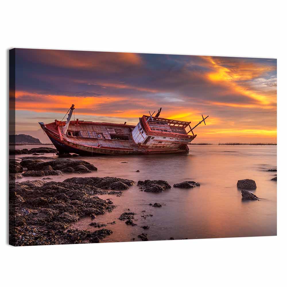 Shipwreck at Sunset Wall Art, canvas print, landscape