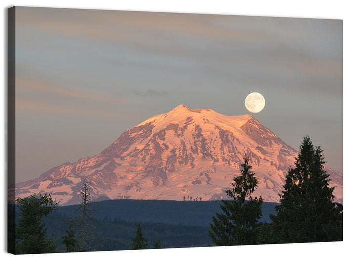 Mount Rainier Alpenglow with Full Moon Wall Art as a canvas print
