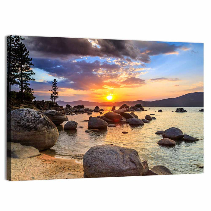 Lake Tahoe Sunset with Boulders Wall Art as a canvas print