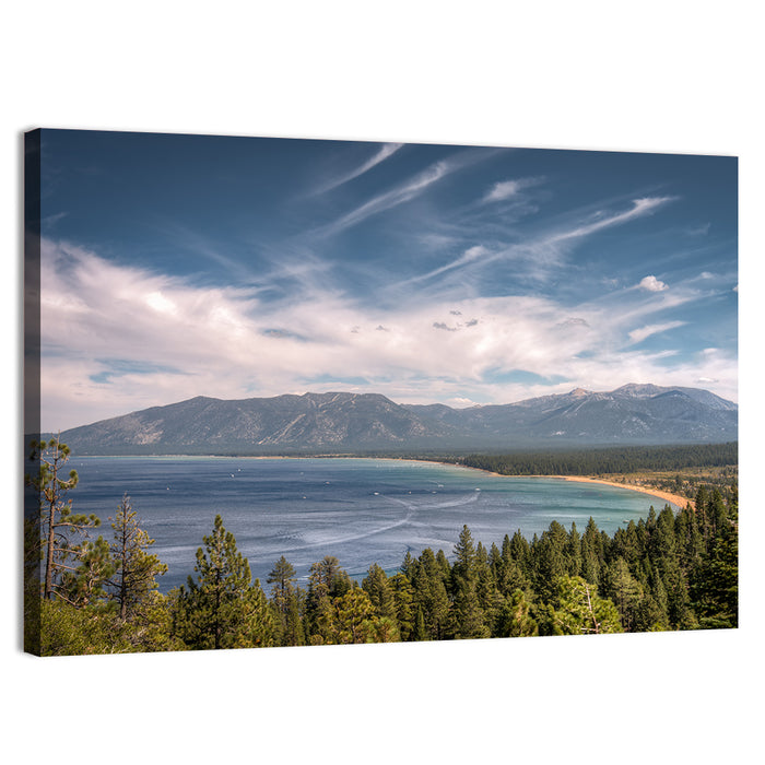 Pines Above a Blue Lake Wall Art as a canvas print