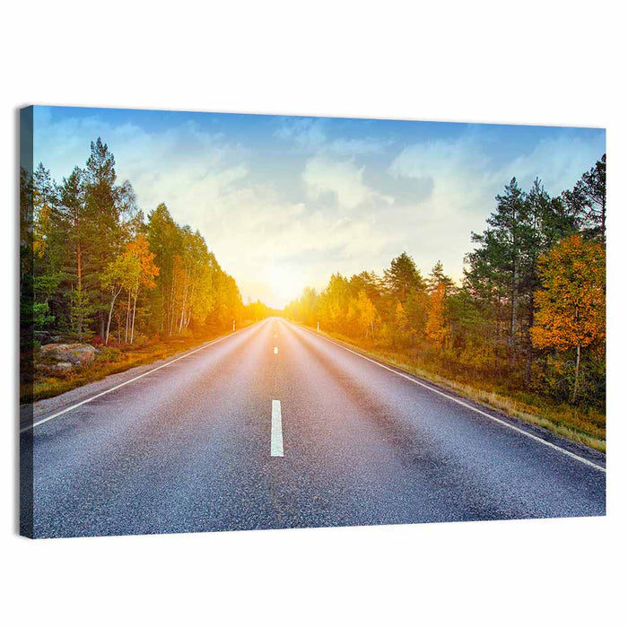Sunlit Autumn Forest Road Wall Art as a canvas print