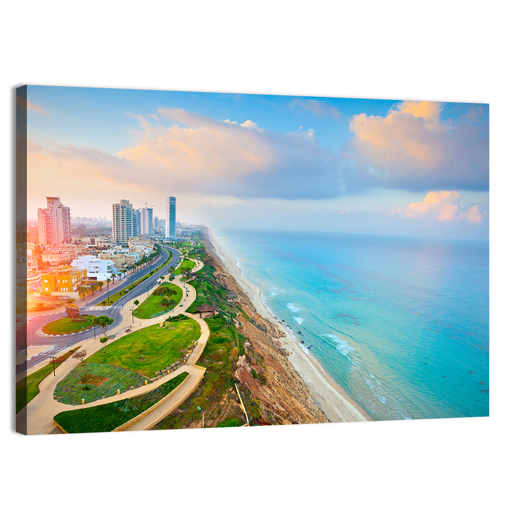 Netanya Coastline at Golden Hour Wall Art, canvas print, landscape