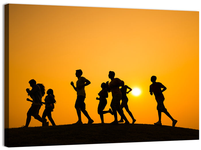 Six Runners Silhouette at Golden Sunset Wall Art as a canvas print