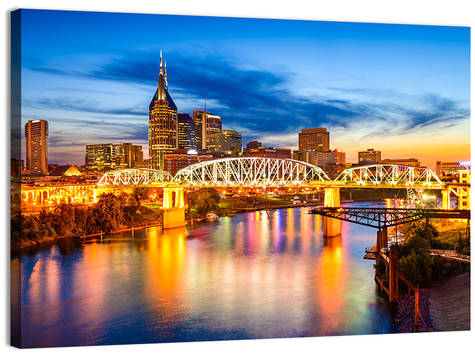 Nashville Skyline at Twilight Bridge Reflections Wall Art, canvas print, landscape