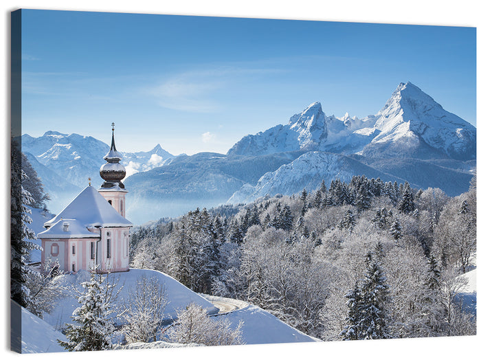 Maria Gern Church and Watzmann in Winter Wall Art as a canvas print