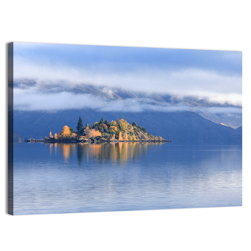 Misty Wanaka Island Reflection Wall Art, canvas print, landscape
