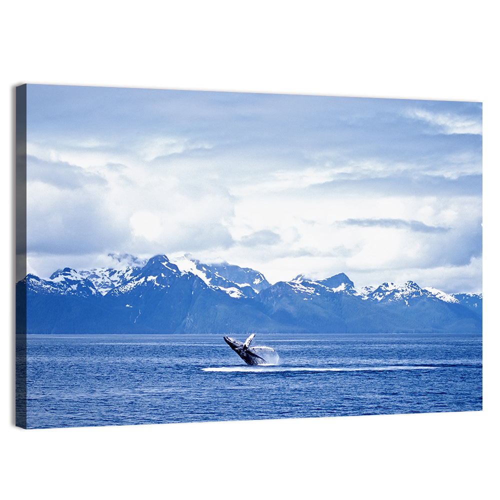 Humpback Whale with Snow Capped Mountains Wall Art, canvas print, landscape