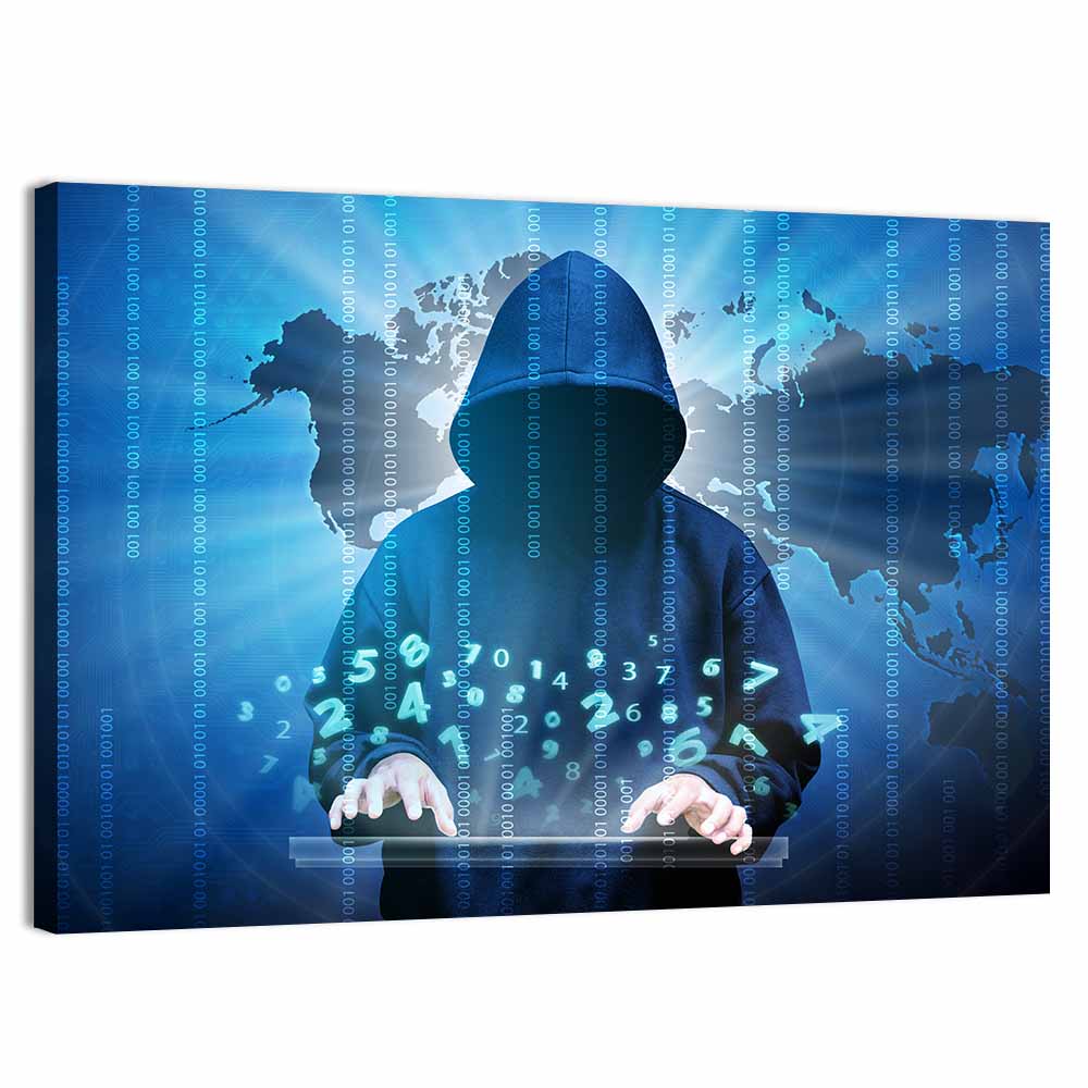 Hooded Hacker with Binary Map Wall Art, canvas print, landscape