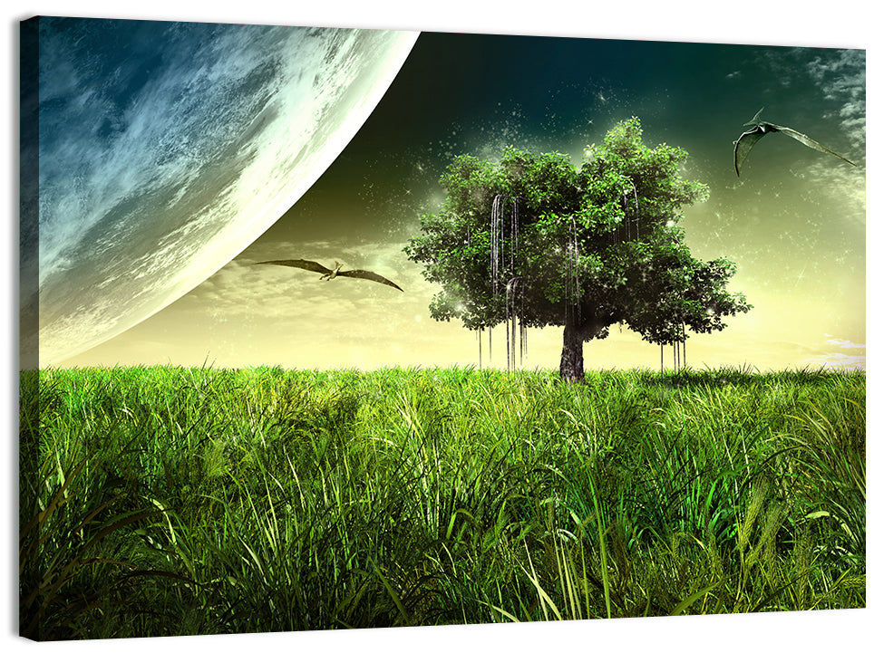 Alien Meadow Under a Giant Planet Wall Art, canvas print, landscape