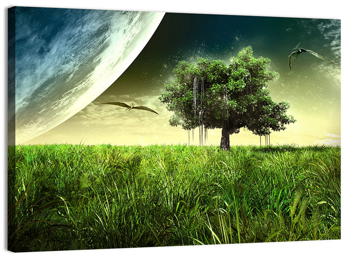 Alien Meadow Under a Giant Planet Wall Art as a canvas print