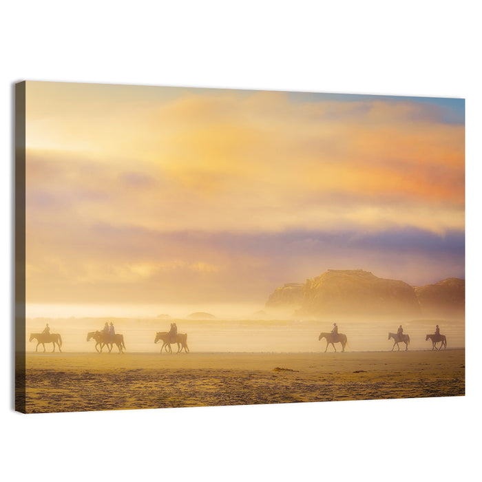 Misty Beach Horseback Riders Wall Art as a canvas print