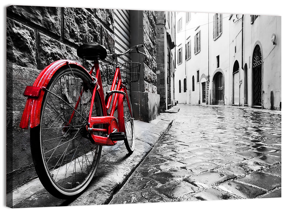 Red Bicycle on Rainy Cobblestone Street Wall Art, canvas print, landscape