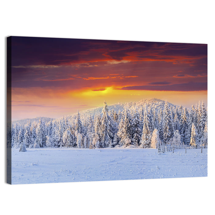 Snowy Forest Sunset Wall Art as a canvas print