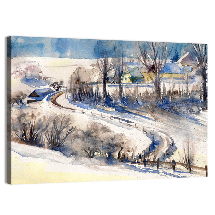 Snowy Village Road Wall Art as a canvas print