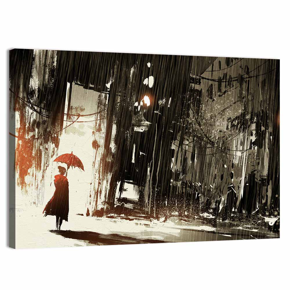 Woman with Umbrella on Rainy Street Wall Art, canvas print, landscape