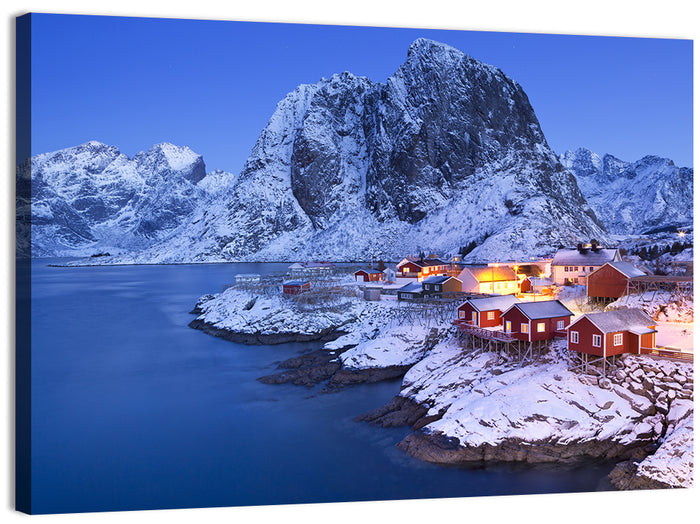 Hamnøy Red Cabins at Winter Dusk Wall Art as a canvas print