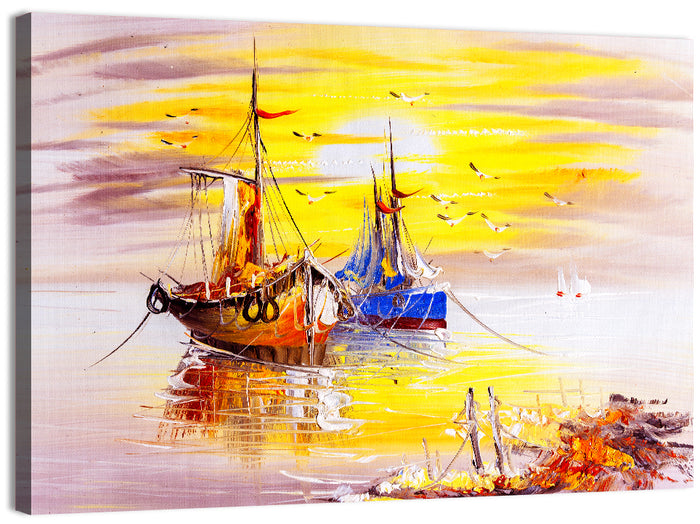 Golden Sunset Sailing Boats Wall Art as a canvas print