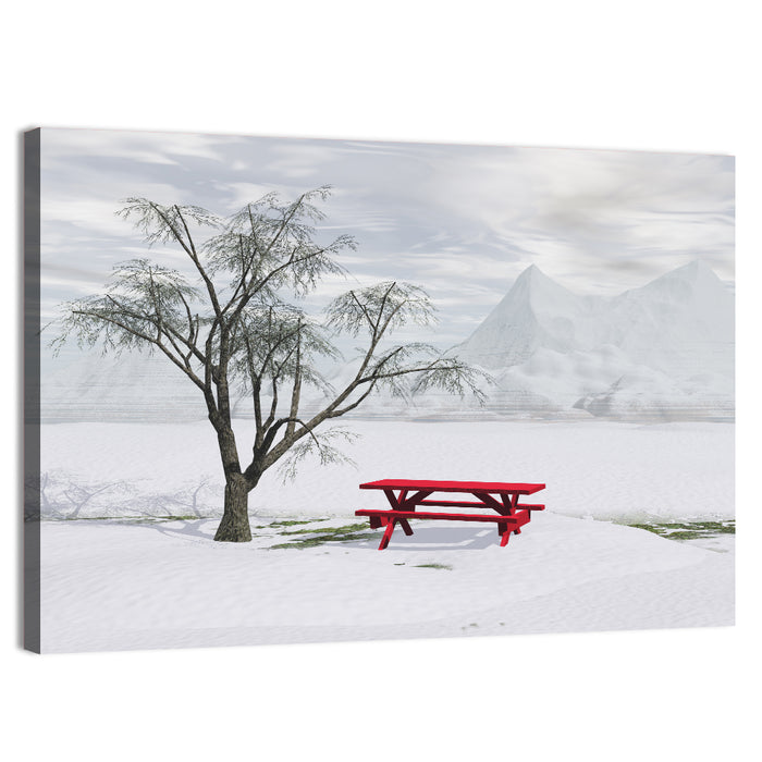 Red Picnic Table in Winter Park Wall Art as a canvas print