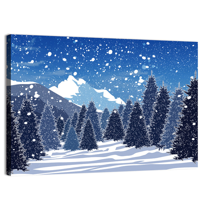 Snowy Evergreen Forest Illustration Wall Art as a canvas print