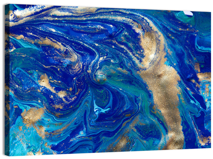 Blue and Gold Liquid Marble Swirls Wall Art as a canvas print