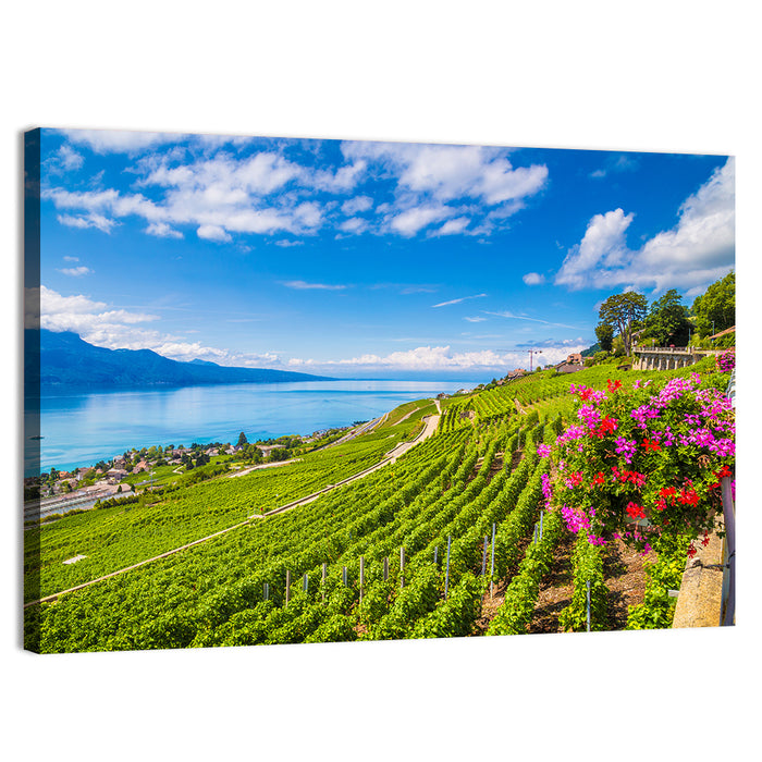 Lavaux Vineyard Terraces Over Lake Geneva Wall Art as a canvas print