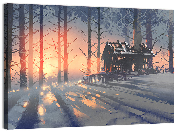 Snowy Forest Cabin at Sunset Wall Art as a canvas print