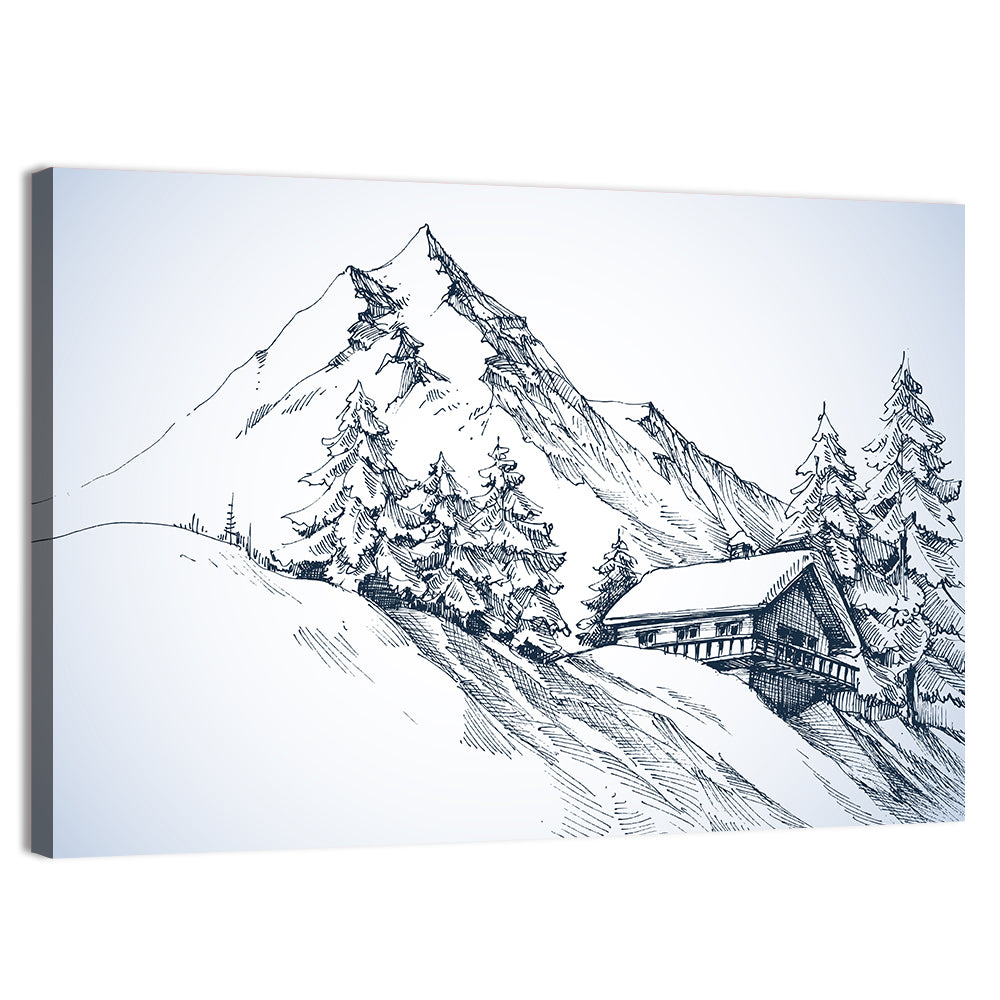 Snowy Mountain Cabin Sketch Wall Art, canvas print, landscape