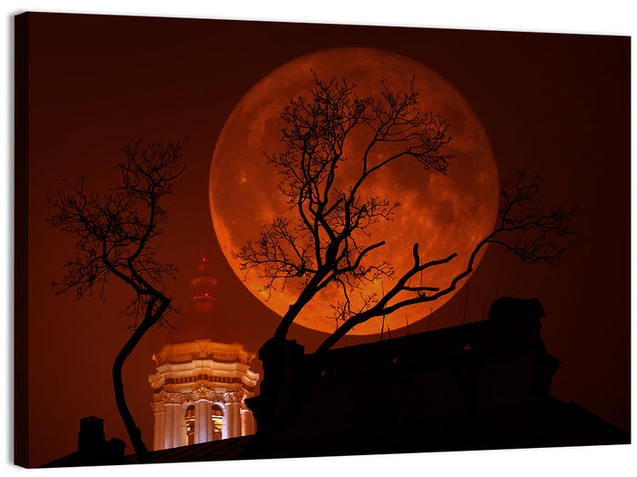 Haunted Supermoon Over Church Spire Wall Art as a canvas print