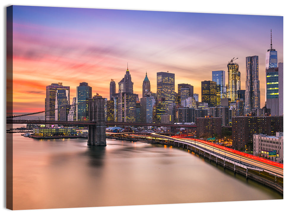 Brooklyn Bridge Light Trails Over Lower Manhattan Wall Art, canvas print, landscape