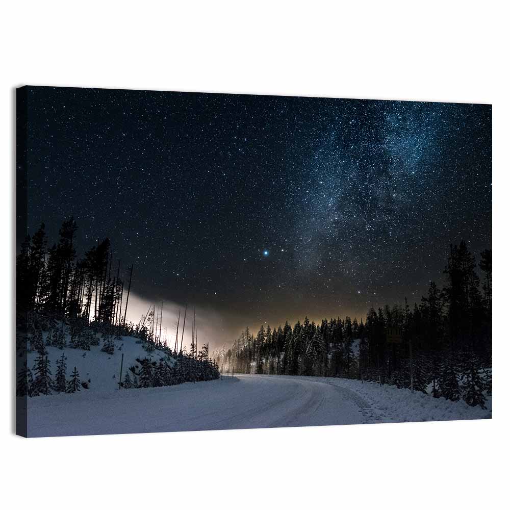 Snowy Road Under Milky Way Wall Art, canvas print, landscape