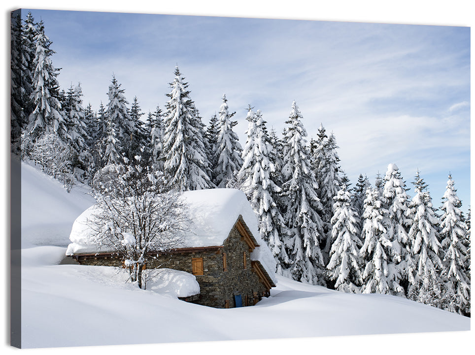 Snow Covered Alpine Cabin Wall Art, canvas print, landscape