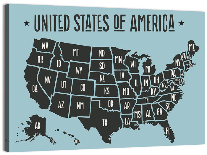 Minimalist USA Map with State Abbreviations Wall Art as a canvas print