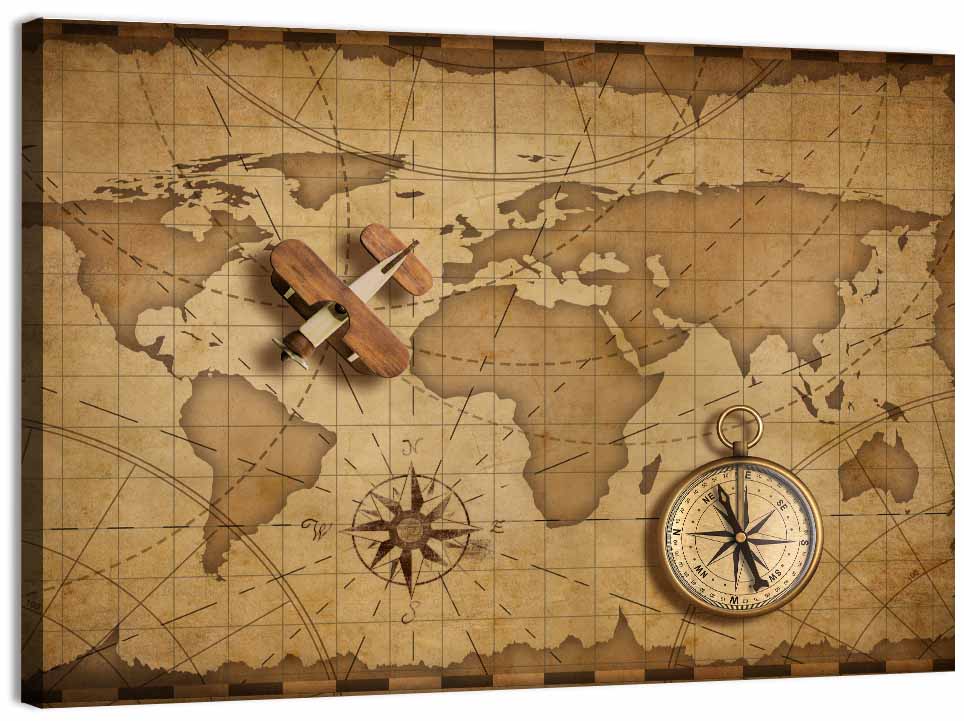 Retro Map with Biplane and Compass Wall Art, canvas print, landscape