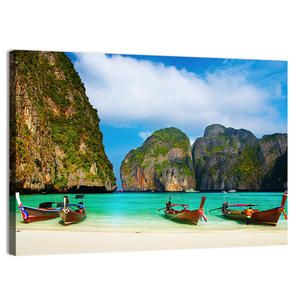 Maya Bay Long-tail Boats Wall Art, canvas print, landscape