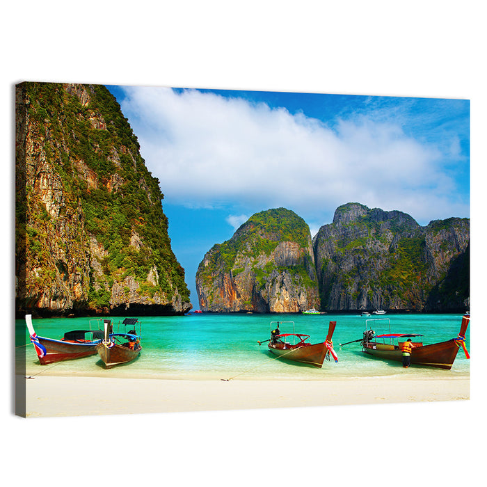Maya Bay Long-tail Boats Wall Art as a canvas print