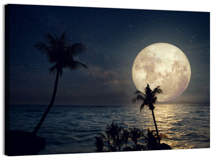Supermoon Over Tropical Beach Wall Art as a canvas print