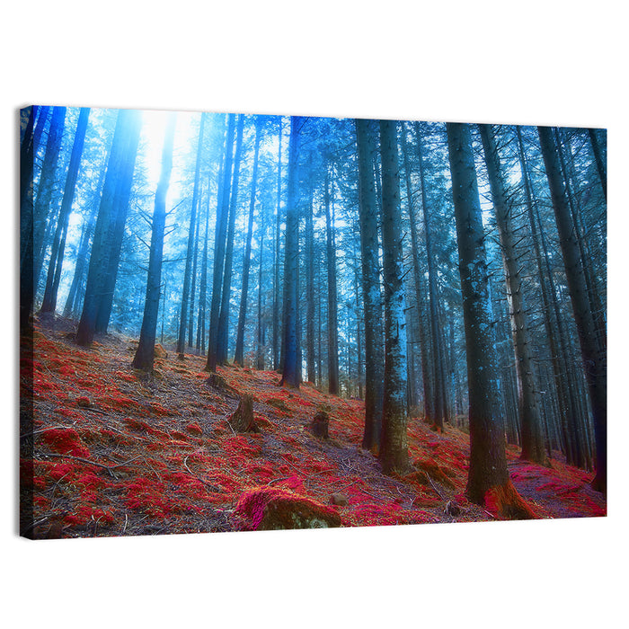 Enchanted Red Moss Forest Wall Art as a canvas print