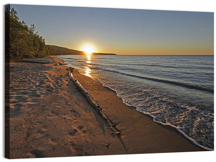 Lake Superior Driftwood Beach Sunset Wall Art as a canvas print