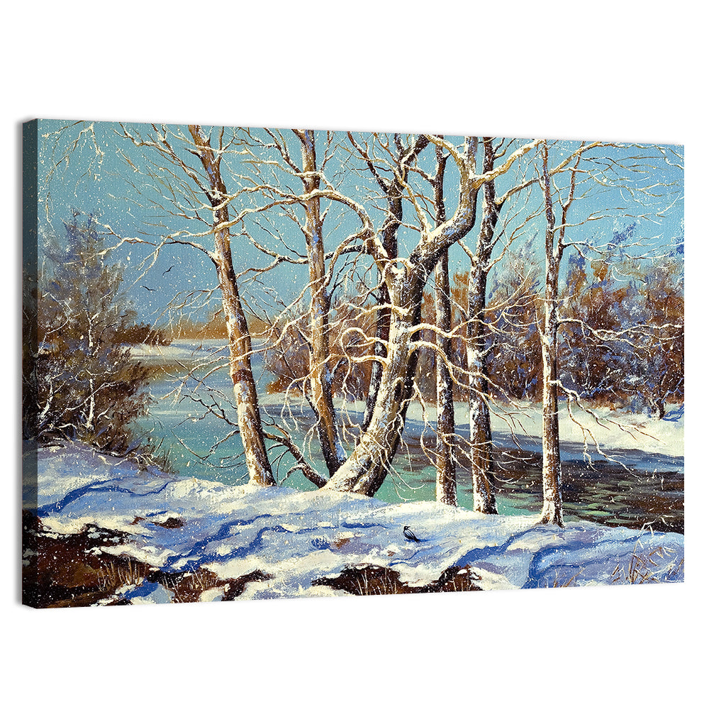Bare Trees Along a Frozen River Wall Art, canvas print, landscape