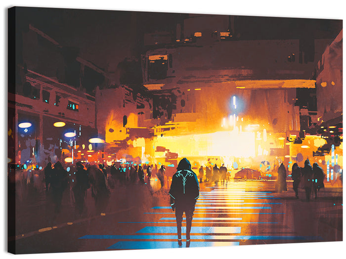 Futuristic Neon Cityscape Wall Art as a canvas print