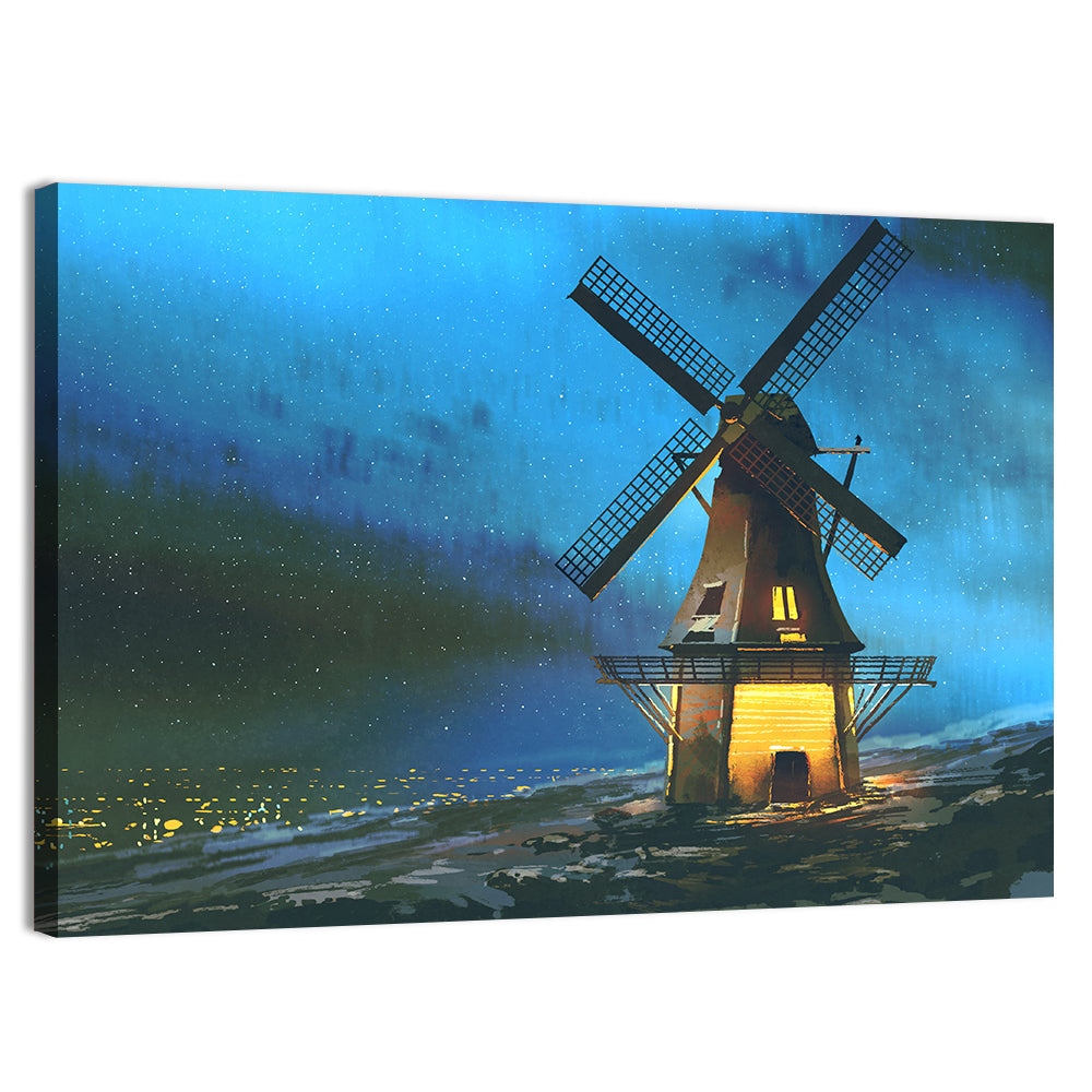 Seaside Windmill at Night Wall Art, canvas print, landscape