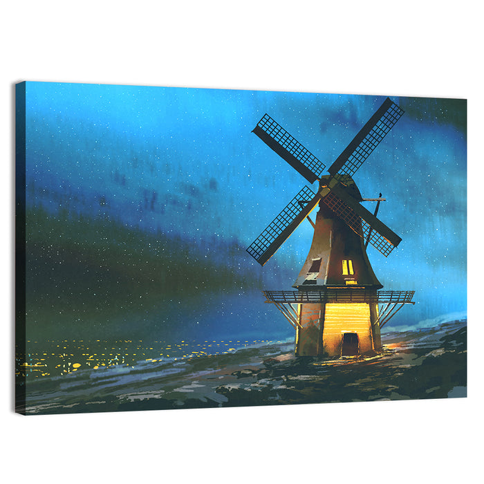 Seaside Windmill at Night Wall Art as a canvas print