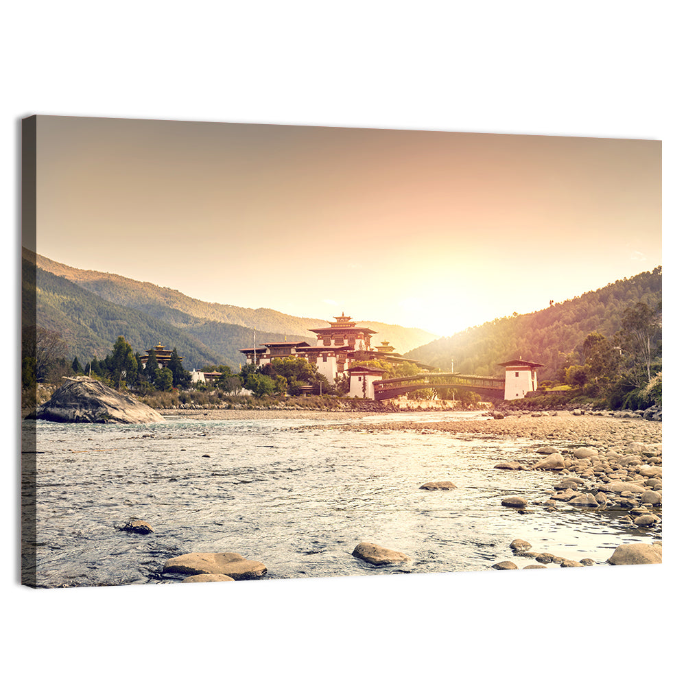 Punakha Dzong at Golden Hour Wall Art, canvas print, landscape