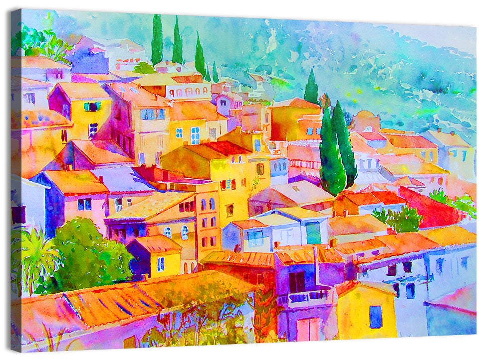 Mediterranean Hillside Watercolor Village Wall Art, canvas print, landscape