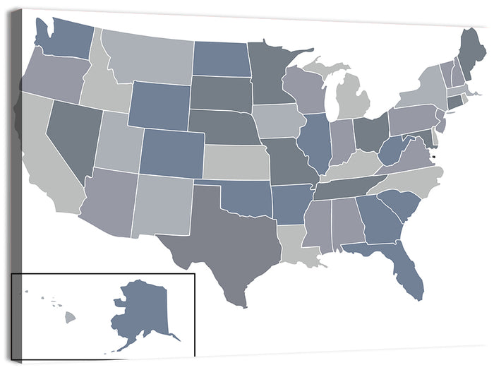 Minimalist USA Map in Blue and Grey Wall Art as a canvas print