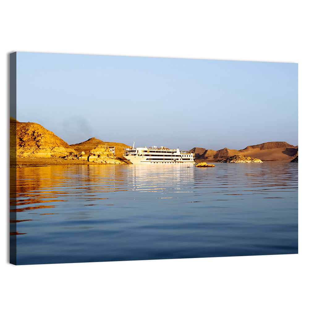 Lake Nasser Cruise Ship at Golden Hour Wall Art, canvas print, landscape